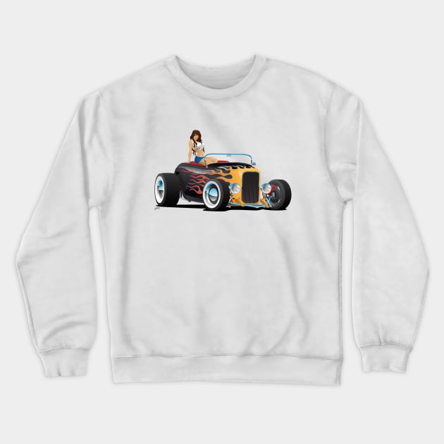 Custom Hot Rod Roadster Car with Flames and Sexy Woman Crewneck Sweatshirt by hobrath